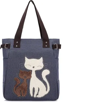 KAUKKO Women Canvas Handbag Shoulder Bag Cat Big Tote Bag(093-BLUE)