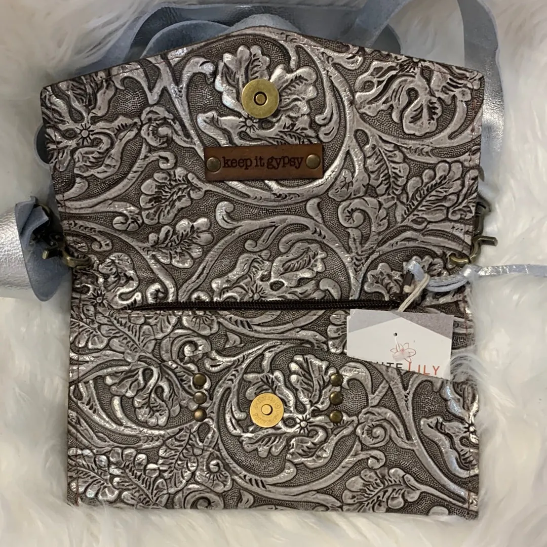 Keep It Gypsy Jordan Silver Distressed Tooled Leather Cowhide Crossbody