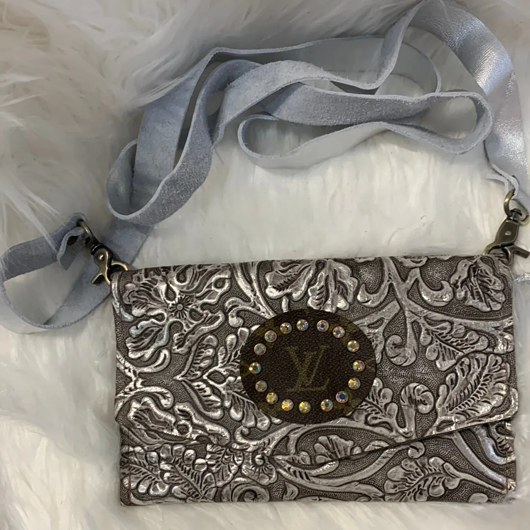 Keep It Gypsy Jordan Silver Distressed Tooled Leather Cowhide Crossbody