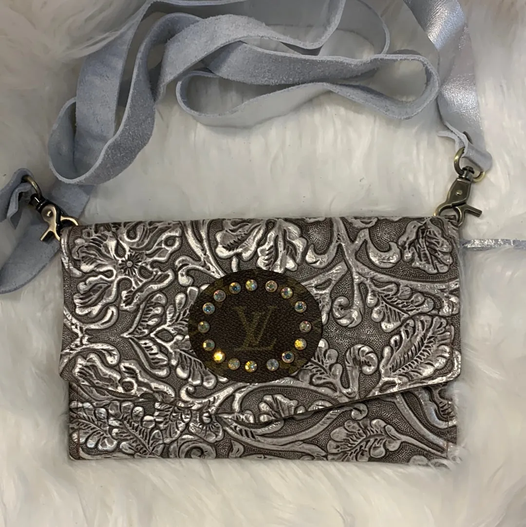 Keep It Gypsy Jordan Silver Distressed Tooled Leather Cowhide Crossbody