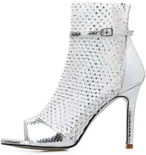 keleimusi Sexy Crystal Mesh Ankle Boots Peep Toe Metallic Fishnet Sandals for Women