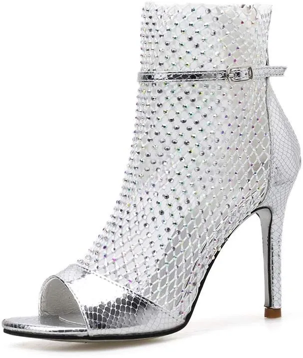 keleimusi Sexy Crystal Mesh Ankle Boots Peep Toe Metallic Fishnet Sandals for Women