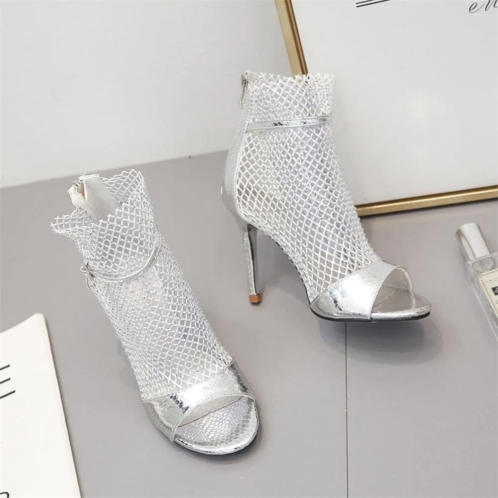 keleimusi Sexy Crystal Mesh Ankle Boots Peep Toe Metallic Fishnet Sandals for Women