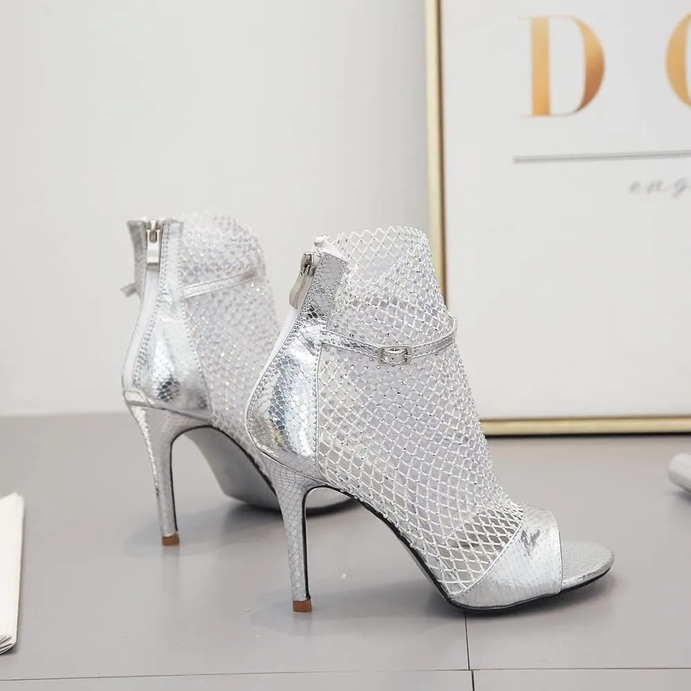 keleimusi Sexy Crystal Mesh Ankle Boots Peep Toe Metallic Fishnet Sandals for Women