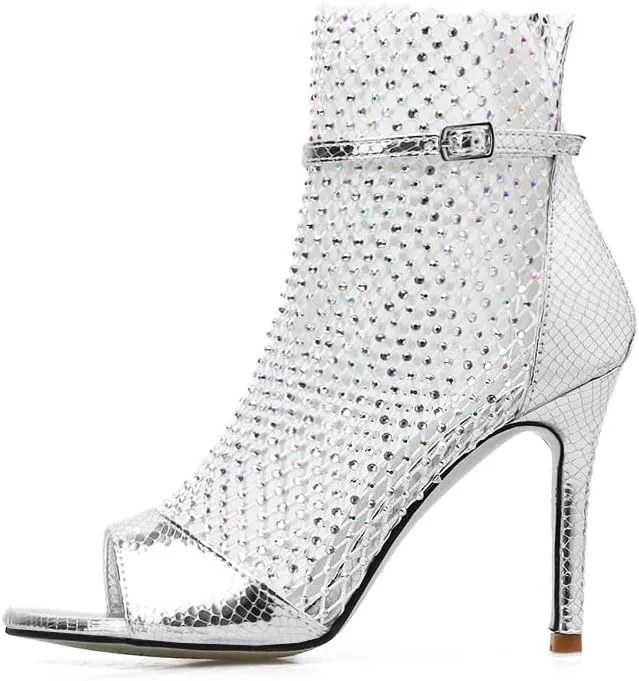 keleimusi Sexy Crystal Mesh Ankle Boots Peep Toe Metallic Fishnet Sandals for Women