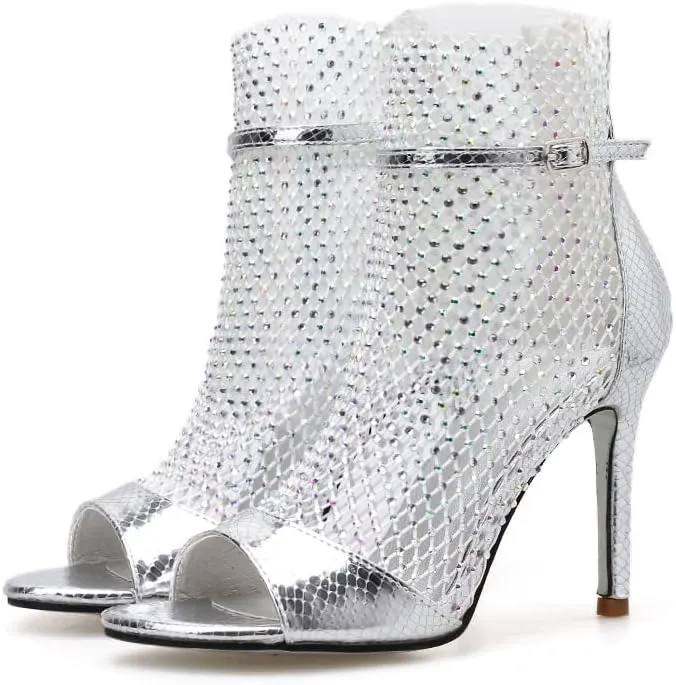 keleimusi Sexy Crystal Mesh Ankle Boots Peep Toe Metallic Fishnet Sandals for Women