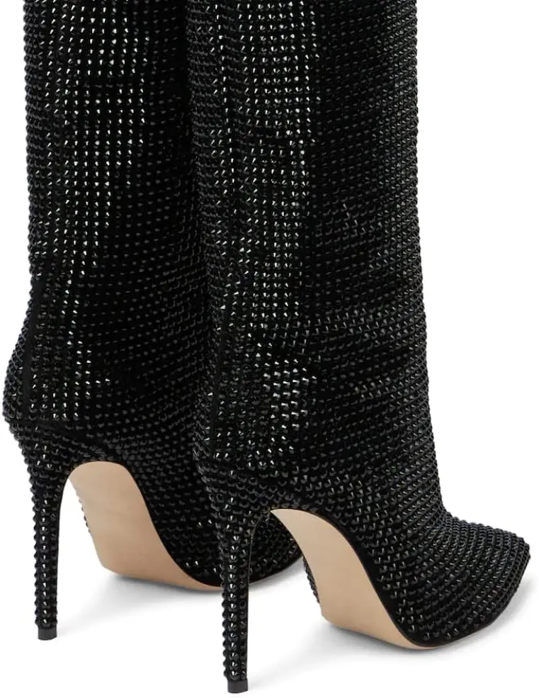 keleimusi Womens Crystal Embellished Knee High Boots Slouchy Shimmering textile Stiletto High Heeled Party Tall Boots