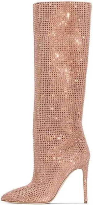 keleimusi Womens Crystal Embellished Knee High Boots Slouchy Shimmering textile Stiletto High Heeled Party Tall Boots