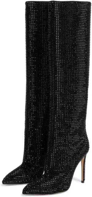keleimusi Womens Crystal Embellished Knee High Boots Slouchy Shimmering textile Stiletto High Heeled Party Tall Boots