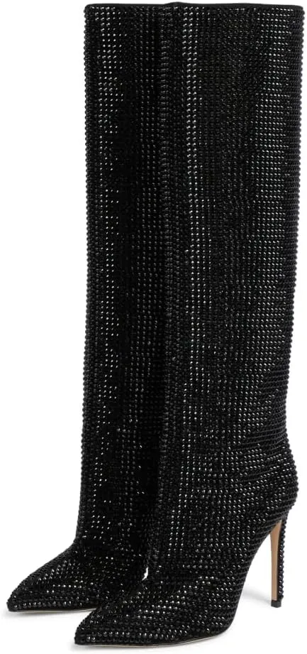 keleimusi Womens Crystal Embellished Knee High Boots Slouchy Shimmering textile Stiletto High Heeled Party Tall Boots