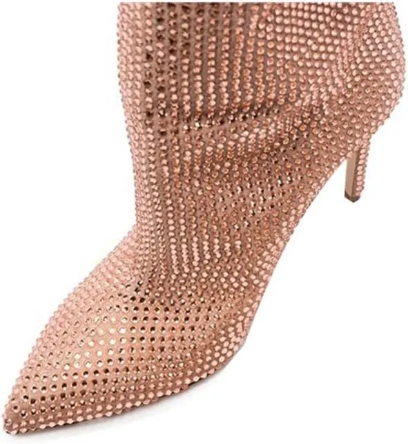keleimusi Womens Crystal Embellished Knee High Boots Slouchy Shimmering textile Stiletto High Heeled Party Tall Boots