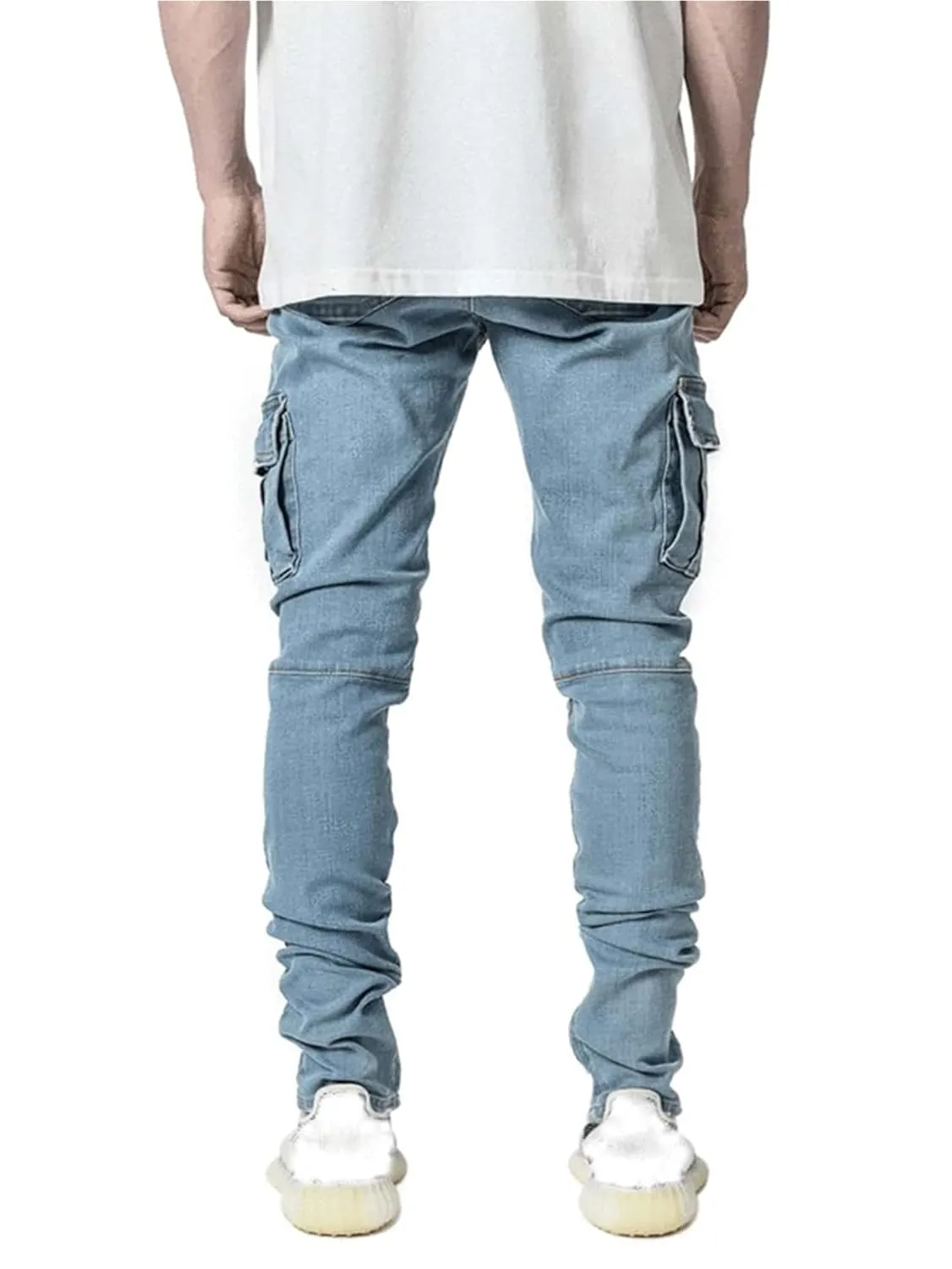 KELYWELL Men's Side Pocket Pencil Jeans Skinny Casual Hip Hop Denim Pants Angled Cargo Trousers Joggers Jean (36,Light Blue)
