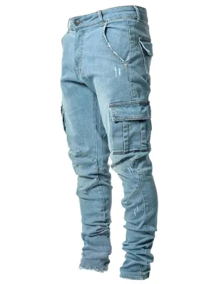 KELYWELL Men's Side Pocket Pencil Jeans Skinny Casual Hip Hop Denim Pants Angled Cargo Trousers Joggers Jean (36,Light Blue)