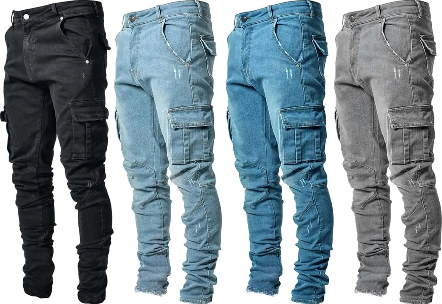 KELYWELL Men's Side Pocket Pencil Jeans Skinny Casual Hip Hop Denim Pants Angled Cargo Trousers Joggers Jean (36,Light Blue)