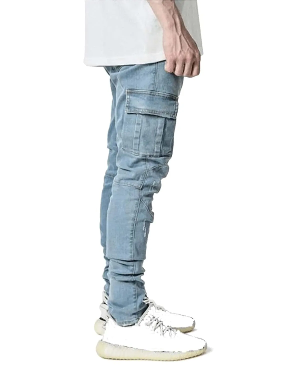 KELYWELL Men's Side Pocket Pencil Jeans Skinny Casual Hip Hop Denim Pants Angled Cargo Trousers Joggers Jean (36,Light Blue)