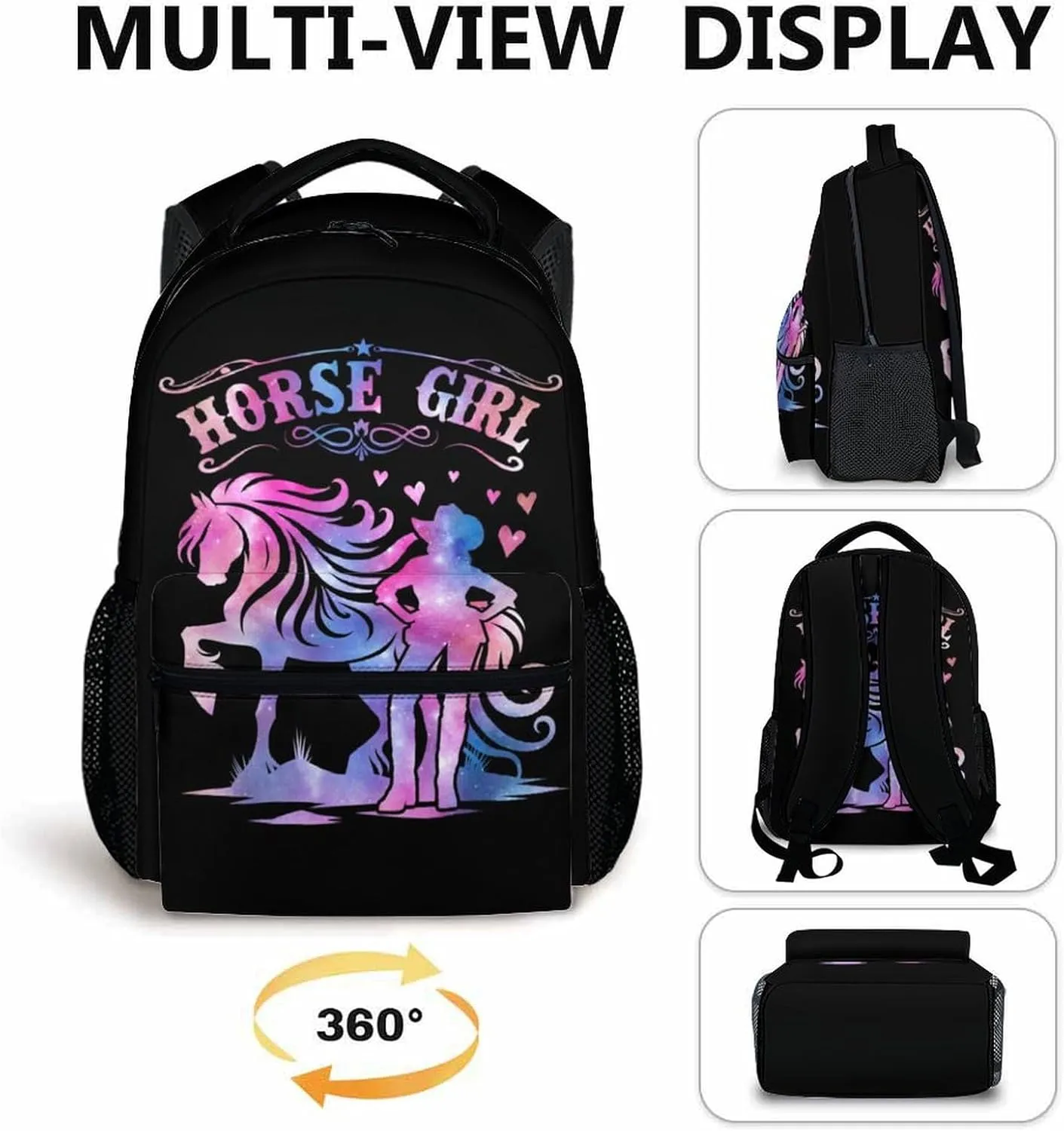 Kids Backpack, Casual Horse Bookbag, 17 Inch Cute Girls Schoolbag for Gift, Large Capacity Bookbag for Preschool Elementary Kindergarten School Travel
