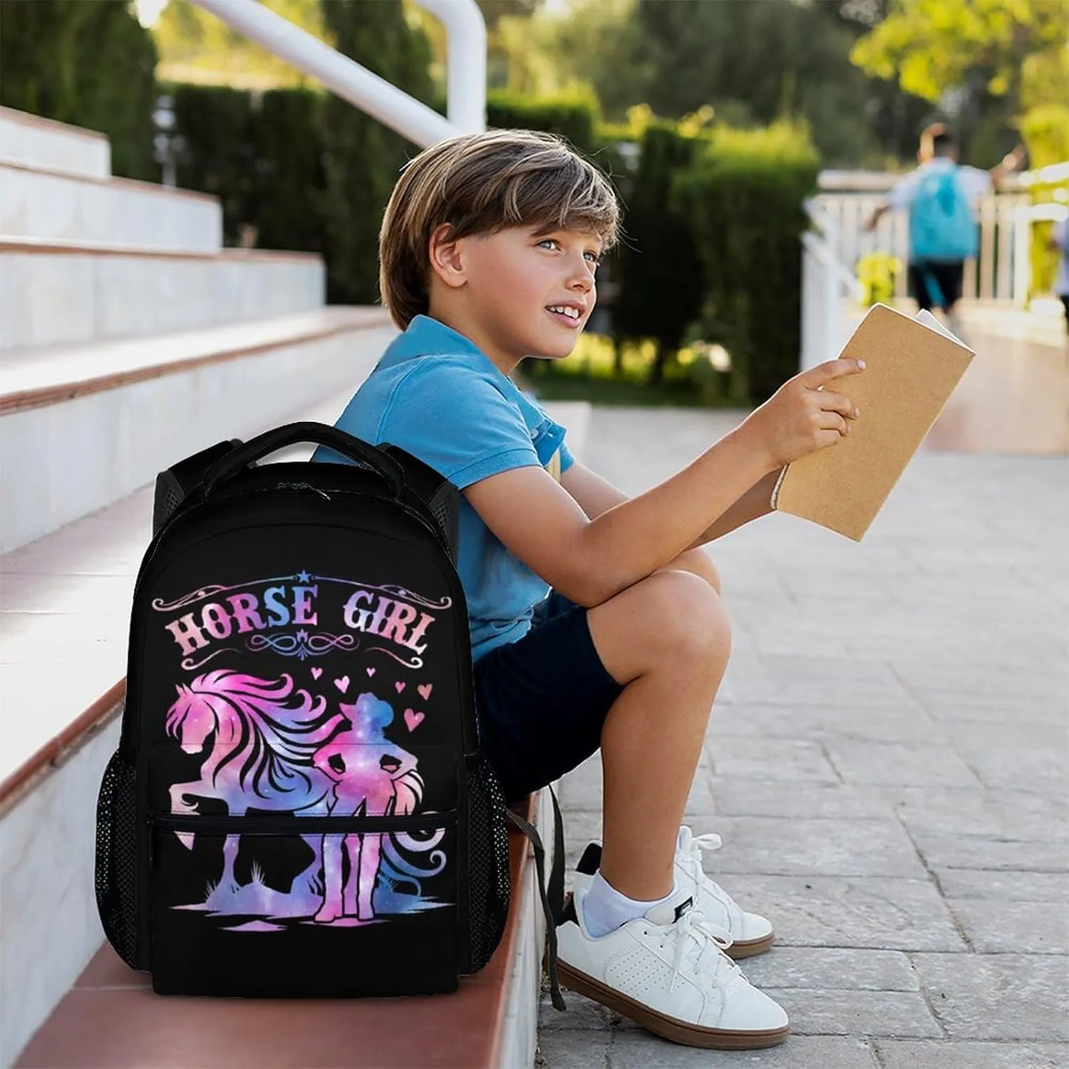Kids Backpack, Casual Horse Bookbag, 17 Inch Cute Girls Schoolbag for Gift, Large Capacity Bookbag for Preschool Elementary Kindergarten School Travel