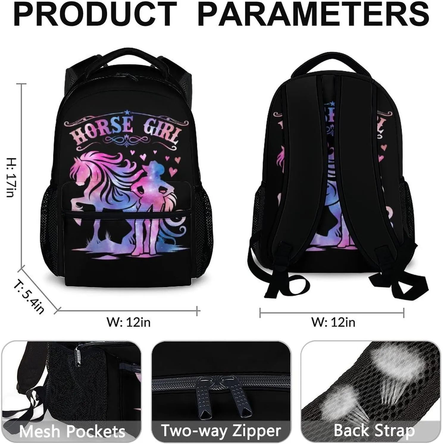 Kids Backpack, Casual Horse Bookbag, 17 Inch Cute Girls Schoolbag for Gift, Large Capacity Bookbag for Preschool Elementary Kindergarten School Travel