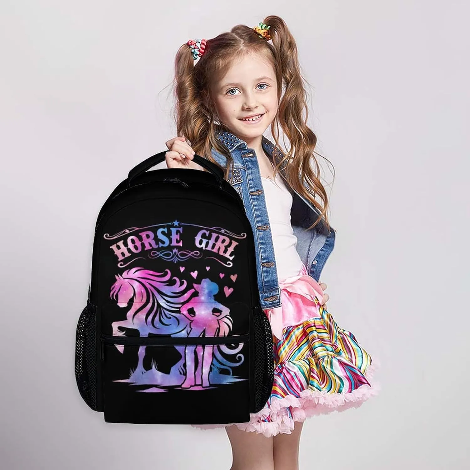 Kids Backpack, Casual Horse Bookbag, 17 Inch Cute Girls Schoolbag for Gift, Large Capacity Bookbag for Preschool Elementary Kindergarten School Travel