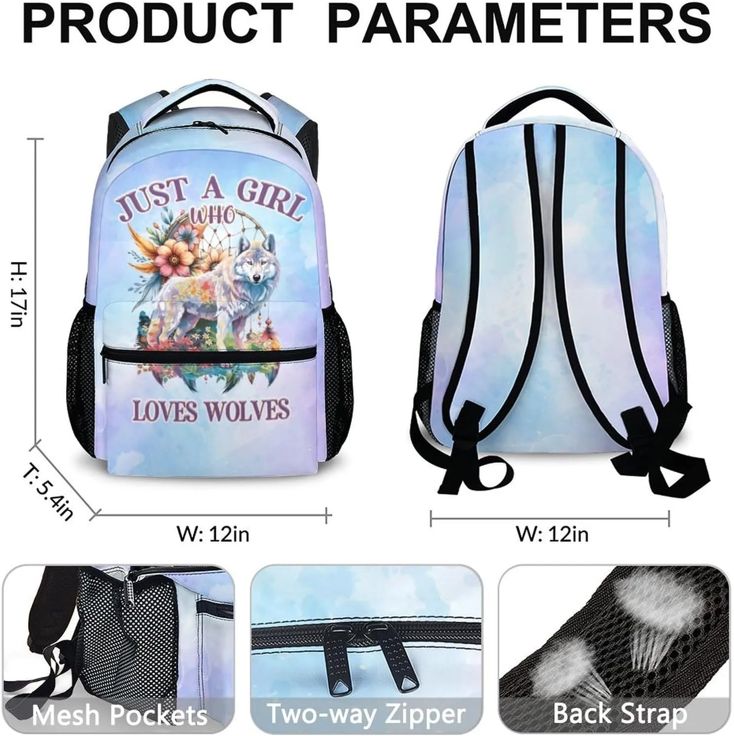 Kids Backpack, Cool Wolf Bookbag, 17 Inch Casual Girls Schoolbag for Gift, Bookbag for Preschool Elementary Kindergarten School Travel Picnic Camp