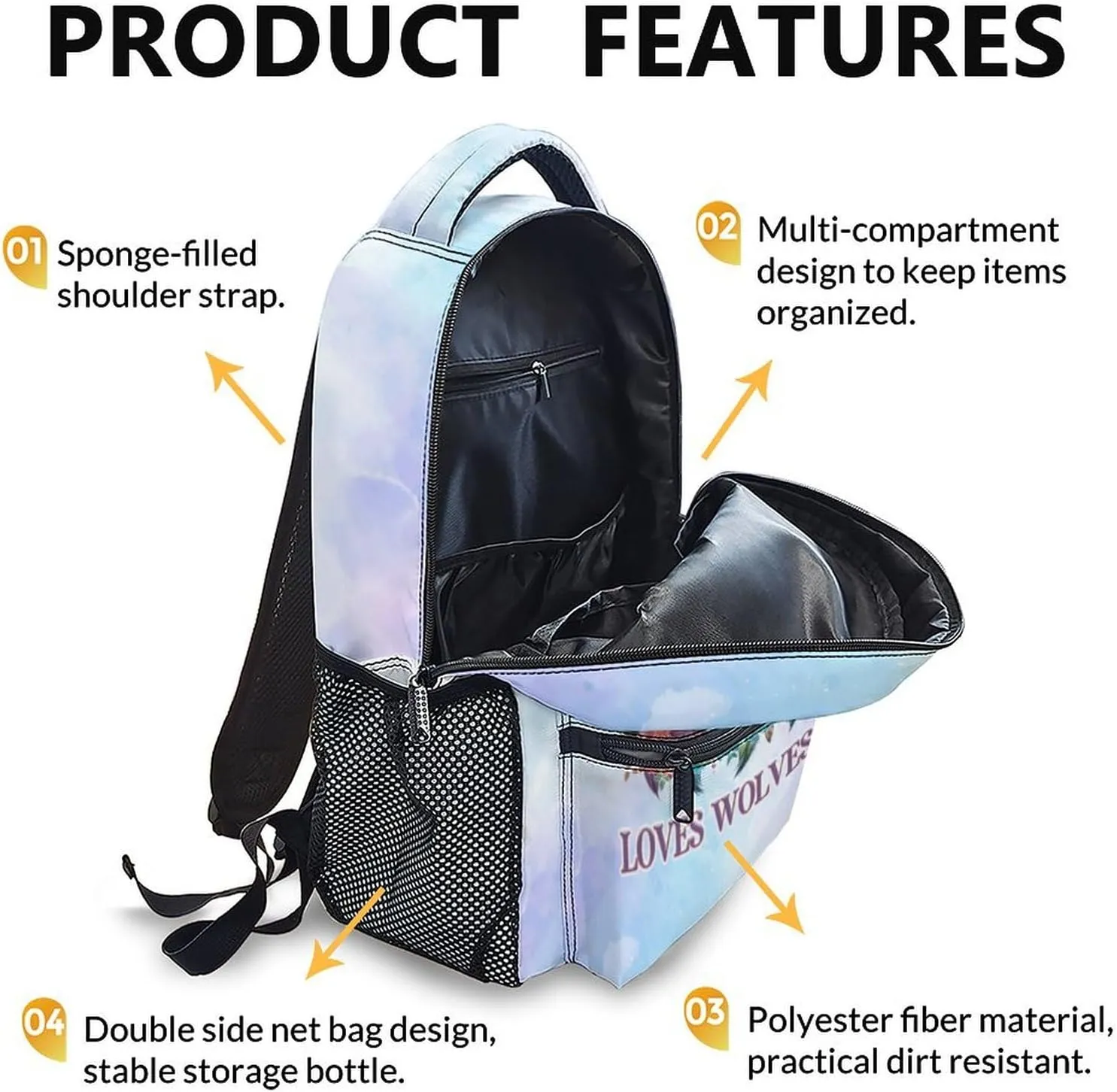 Kids Backpack, Cool Wolf Bookbag, 17 Inch Casual Girls Schoolbag for Gift, Bookbag for Preschool Elementary Kindergarten School Travel Picnic Camp