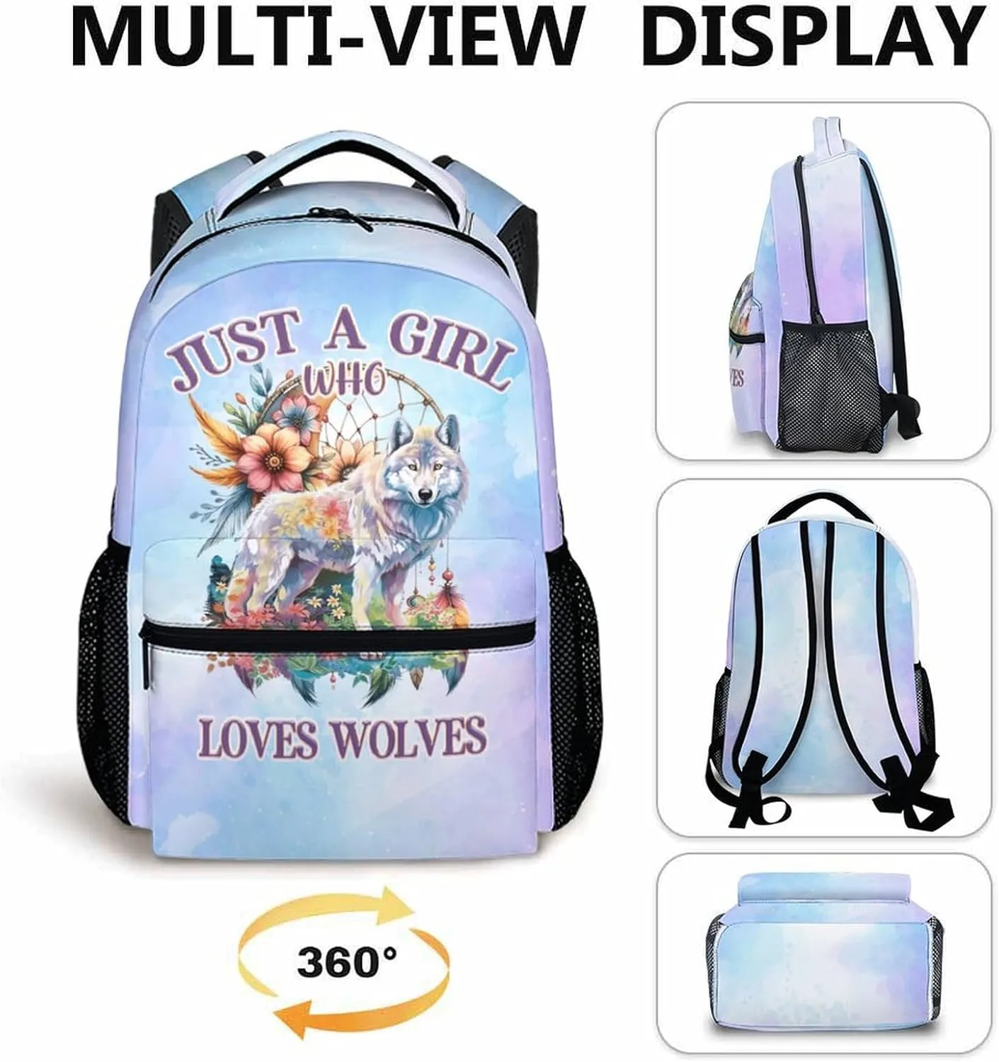 Kids Backpack, Cool Wolf Bookbag, 17 Inch Casual Girls Schoolbag for Gift, Bookbag for Preschool Elementary Kindergarten School Travel Picnic Camp