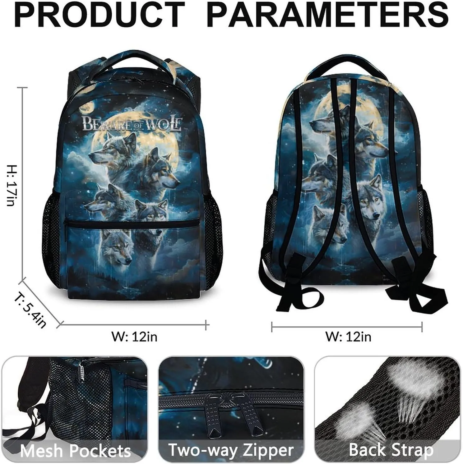 Kids Backpack, Cool Wolf Bookbag for Preschool Elementary Kindergarten, Kids Gift, Leisure Large Capacity Boys Girls Schoolbag for School Travel Hiking