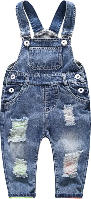 KIDSCOOL SPACE Baby Boy Girl Jean Overalls,Toddler Ripped Denim Cute Workwear