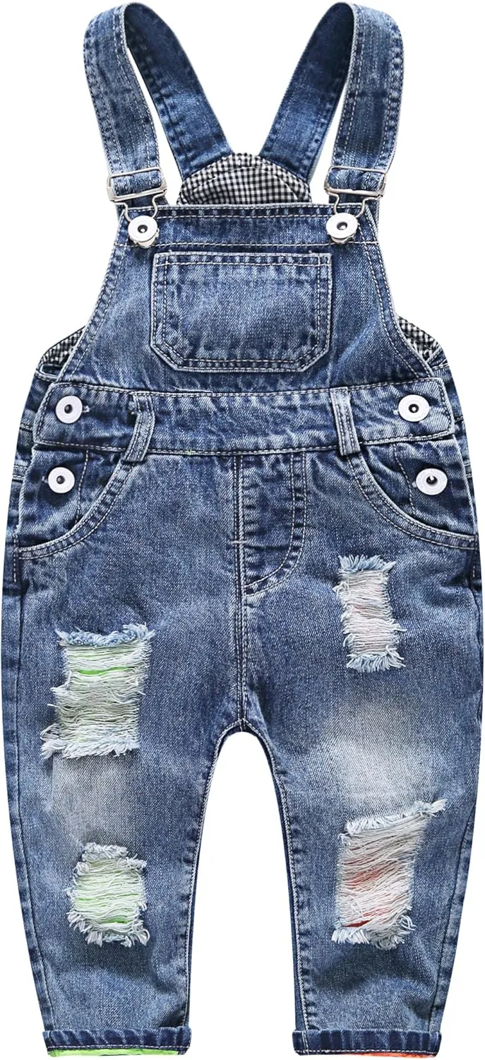 KIDSCOOL SPACE Baby Boy Girl Jean Overalls,Toddler Ripped Denim Cute Workwear
