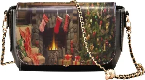Kigai Christmas Fireplace Crossbody Bags for Women Retro Cross Body Purse Small PU Leather Shoulder Handbags with Chain Strap