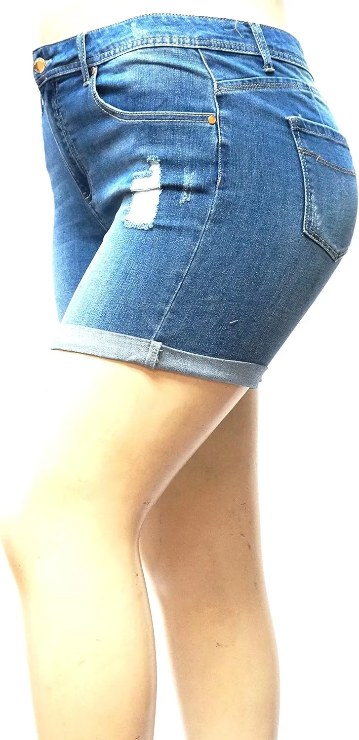 Kim Rogers, Jack David, Wax Jeans Womens Plus Size Capri,Short Stretch Distressed Blue Denim Jeans Shorts