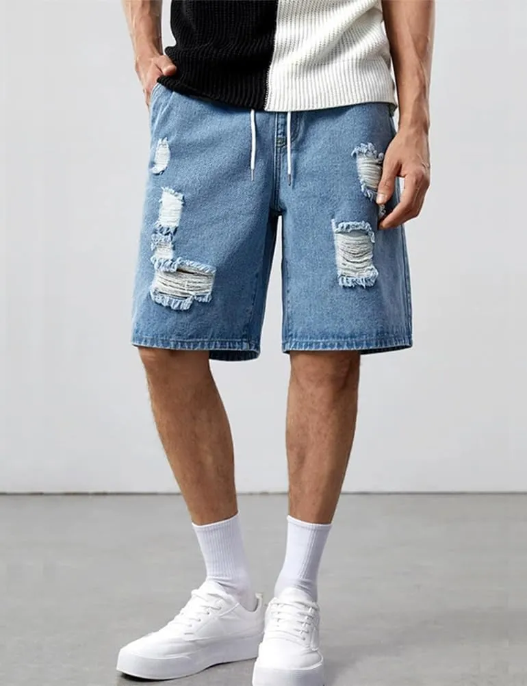 Kinghua Mens Ripped Distressed Elastic Waist Drawstring Casual Loose Fit Streetwear Denim Shorts