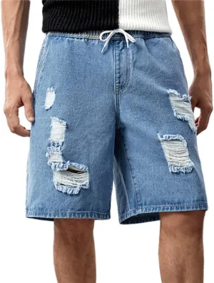Kinghua Mens Ripped Distressed Elastic Waist Drawstring Casual Loose Fit Streetwear Denim Shorts