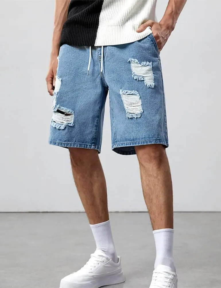 Kinghua Mens Ripped Distressed Elastic Waist Drawstring Casual Loose Fit Streetwear Denim Shorts