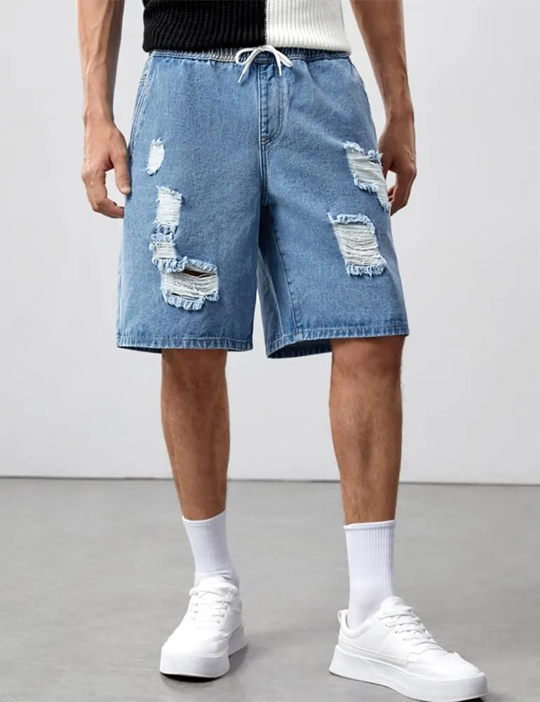 Kinghua Mens Ripped Distressed Elastic Waist Drawstring Casual Loose Fit Streetwear Denim Shorts