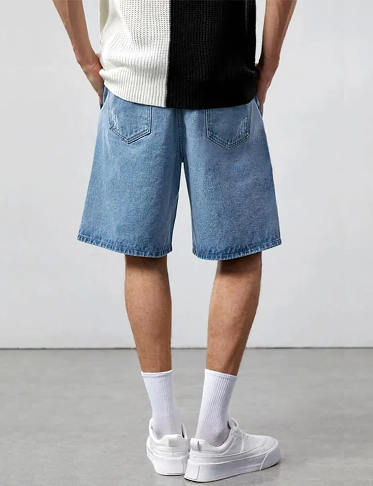 Kinghua Mens Ripped Distressed Elastic Waist Drawstring Casual Loose Fit Streetwear Denim Shorts