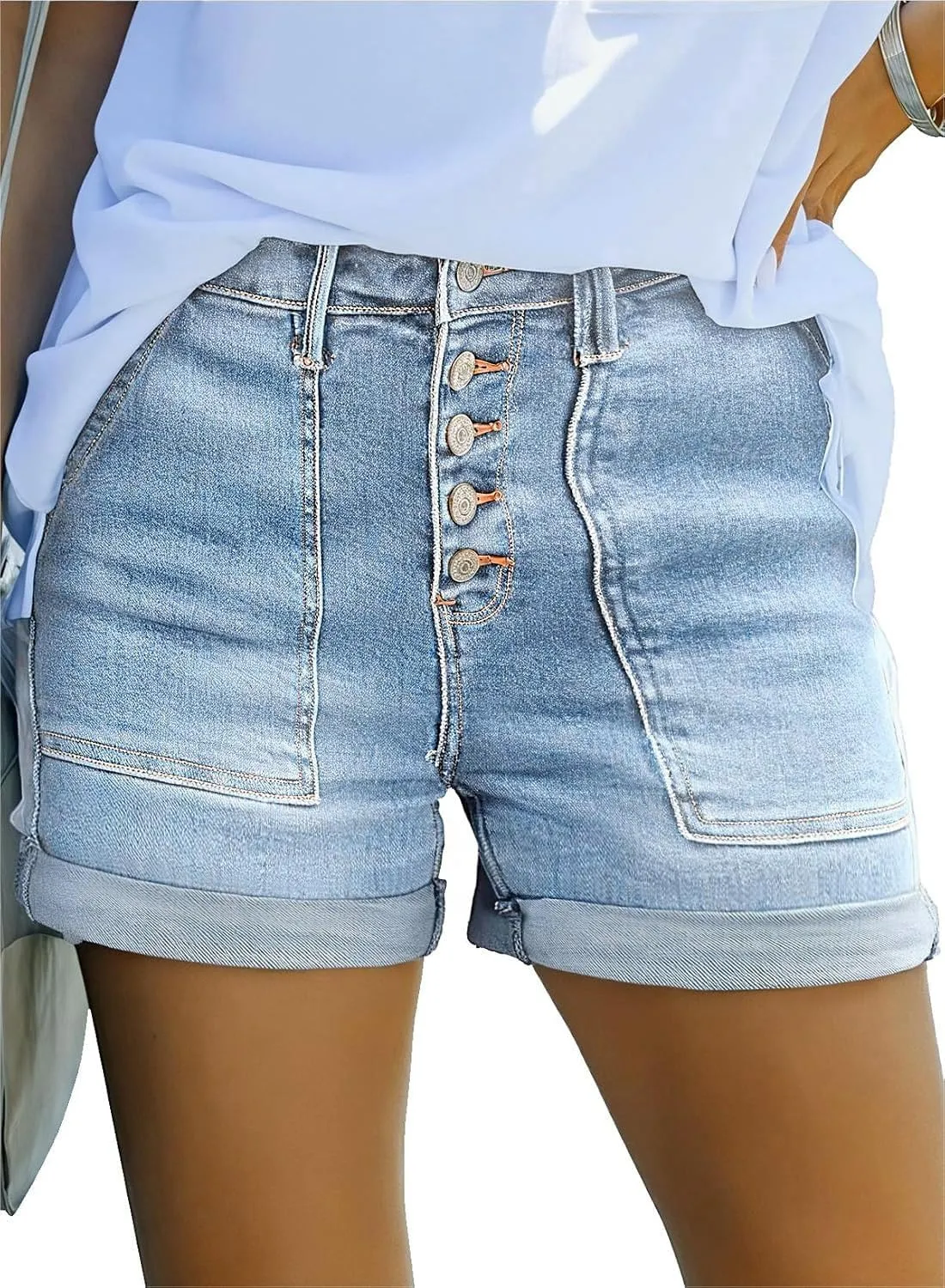 KISSMODA Denim Shorts Women Trendy Button Summer Cut Off Short Womens Jean Shorts High Waisted Denim Hot Ripped Shorts