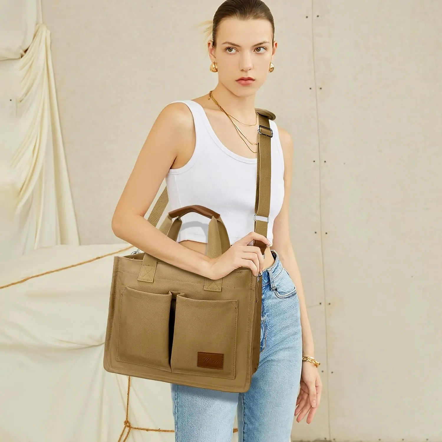 KKXIU Large Canvas Tote Bag for Women with Zipper and Compartments Crossbody Work Bible Messenger Purse Bag With Pockets