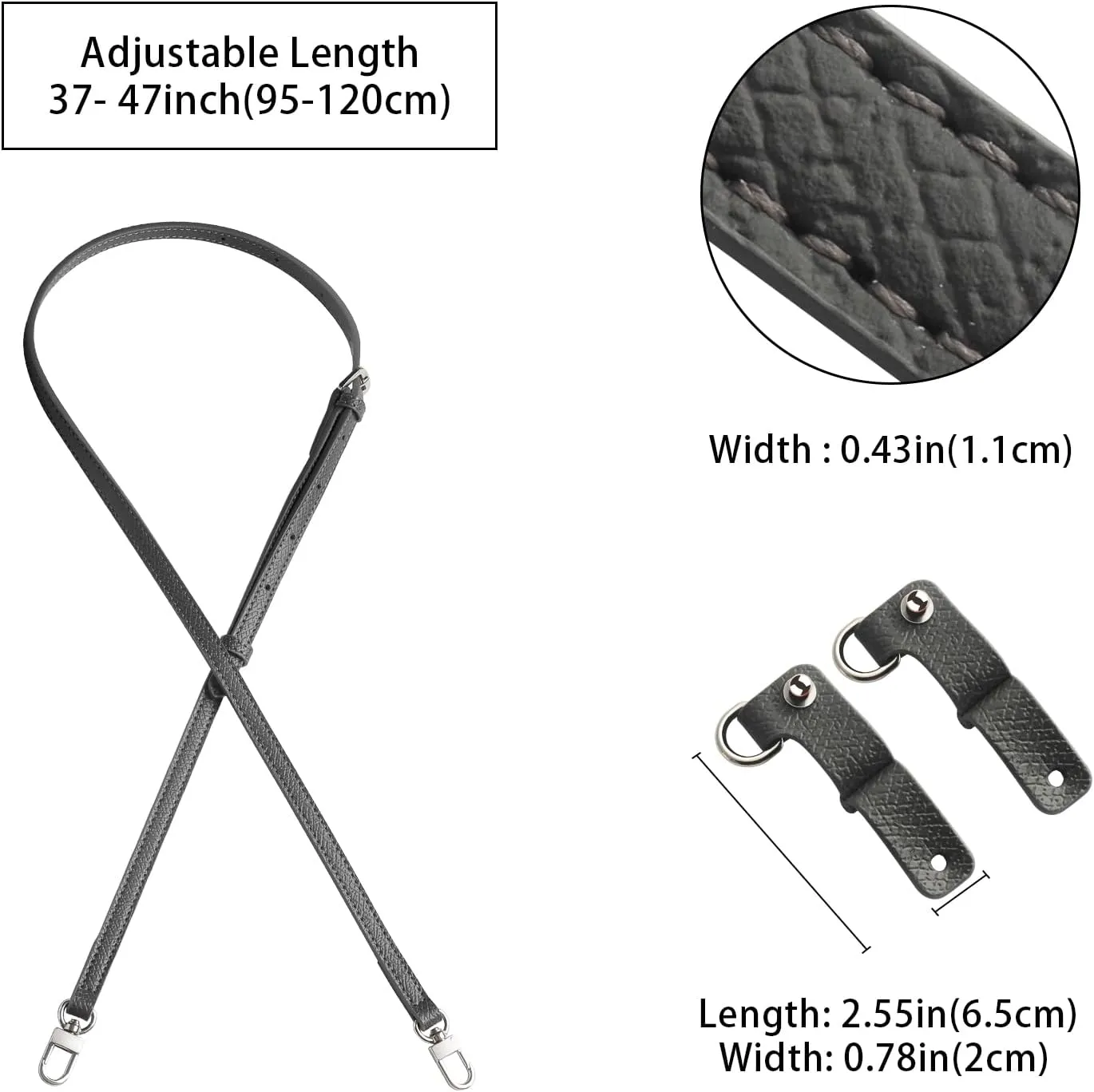 KOMHPS Purse Straps Replacement, Leather Handbag Crossbody Shoulder Strap Adjustable for Longchamp Bag Women(Gray Silver)