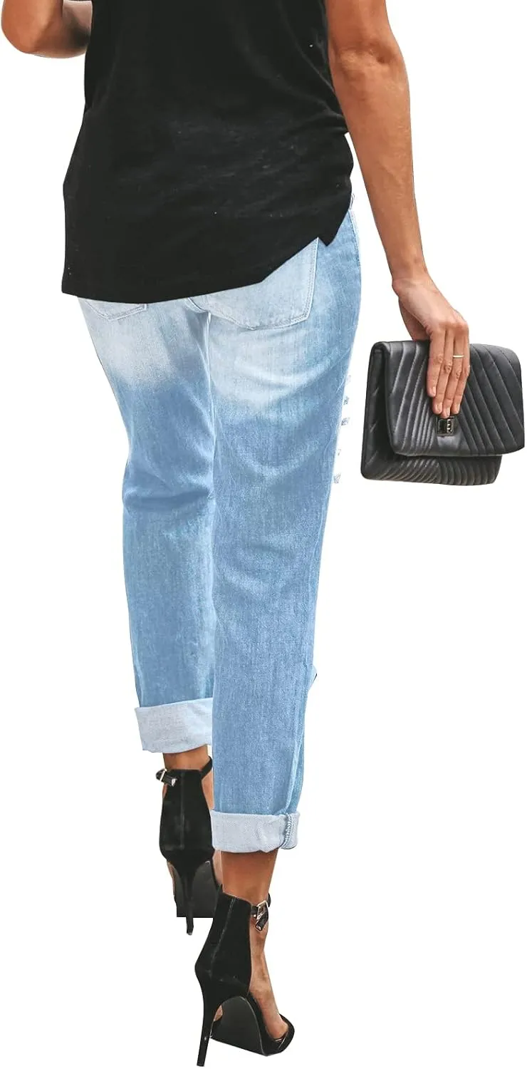 KUNMI Women's Ripped Mid Waisted Boyfriend Jeans Loose Fit Distressed Stretchy Denim Pants
