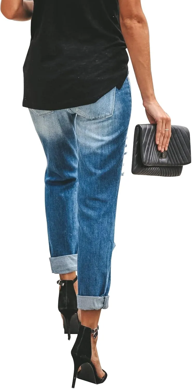 KUNMI Women's Ripped Mid Waisted Boyfriend Jeans Loose Fit Distressed Stretchy Denim Pants