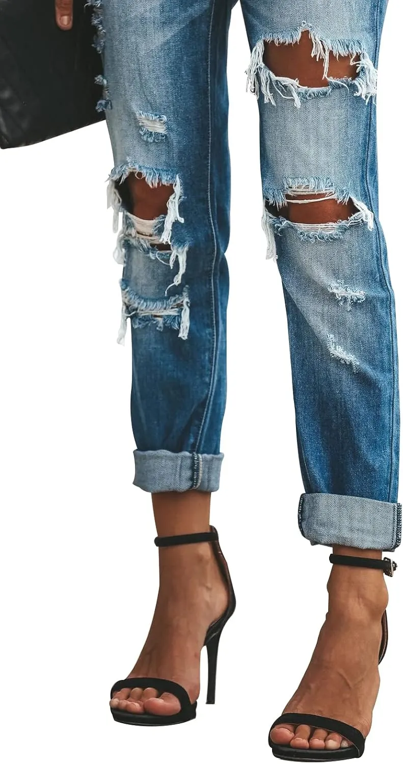KUNMI Women's Ripped Mid Waisted Boyfriend Jeans Loose Fit Distressed Stretchy Denim Pants