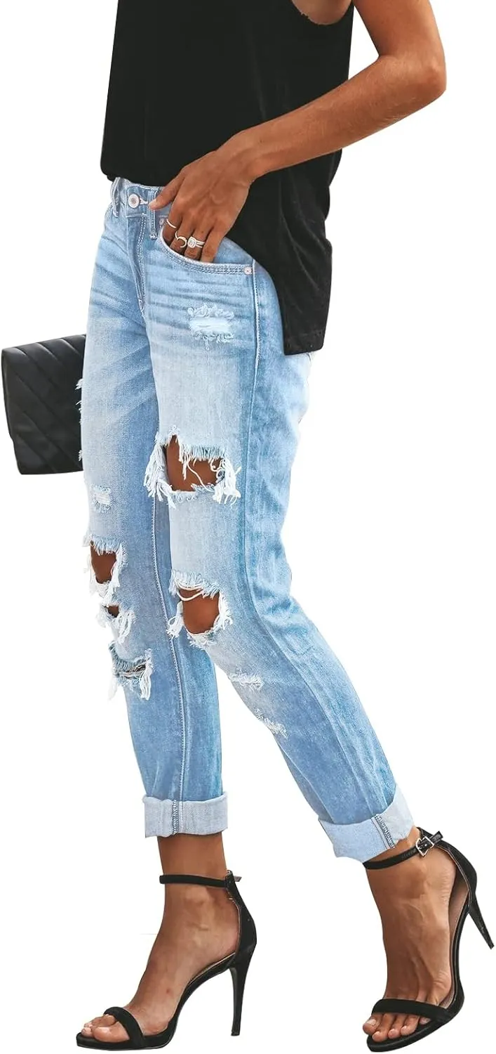 KUNMI Women's Ripped Mid Waisted Boyfriend Jeans Loose Fit Distressed Stretchy Denim Pants