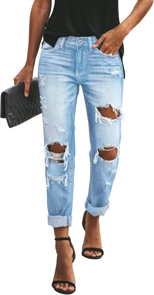 KUNMI Women's Ripped Mid Waisted Boyfriend Jeans Loose Fit Distressed Stretchy Denim Pants