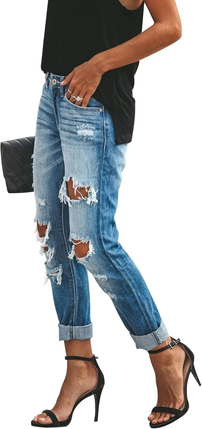 KUNMI Women's Ripped Mid Waisted Boyfriend Jeans Loose Fit Distressed Stretchy Denim Pants