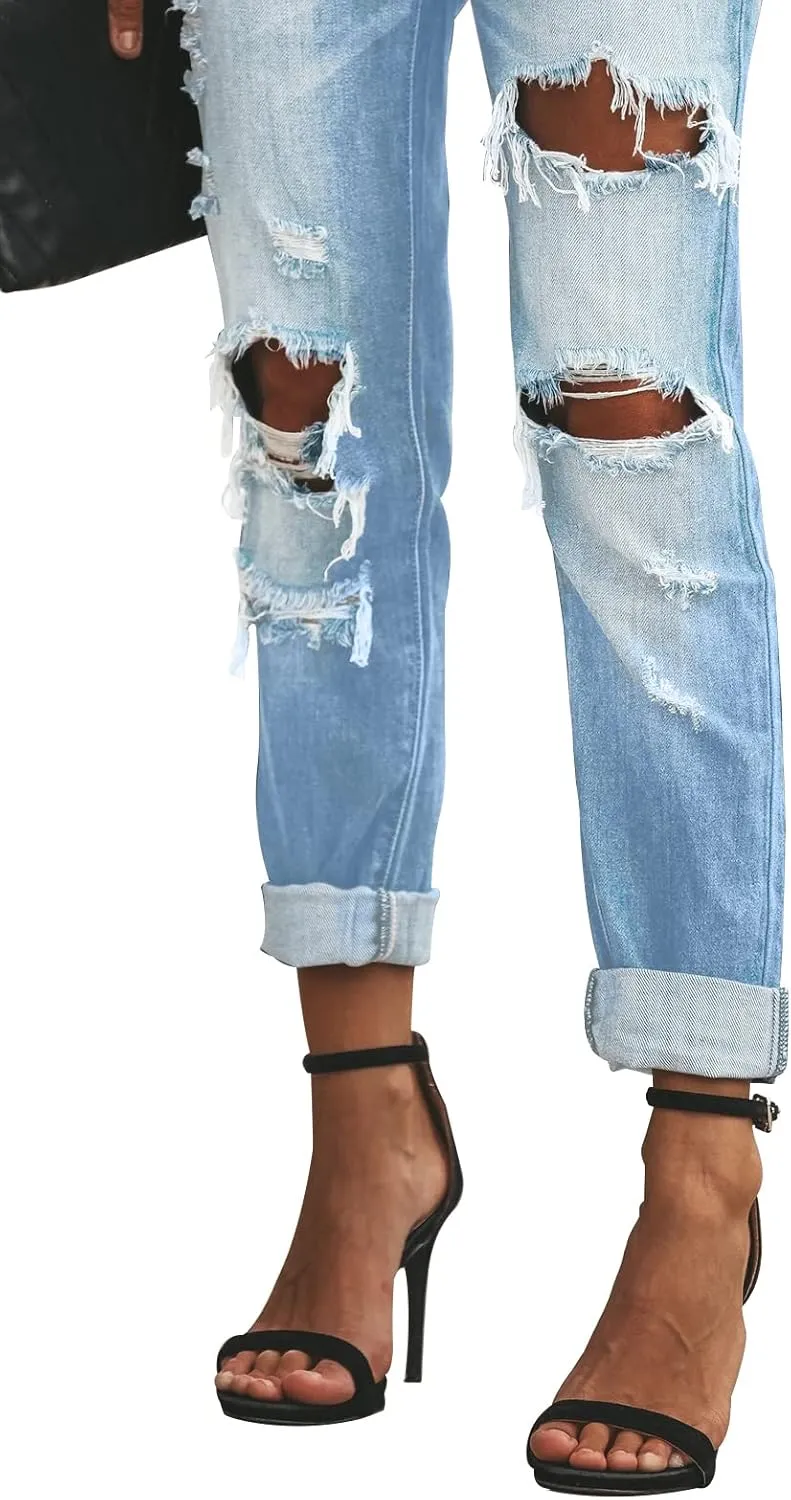 KUNMI Women's Ripped Mid Waisted Boyfriend Jeans Loose Fit Distressed Stretchy Denim Pants