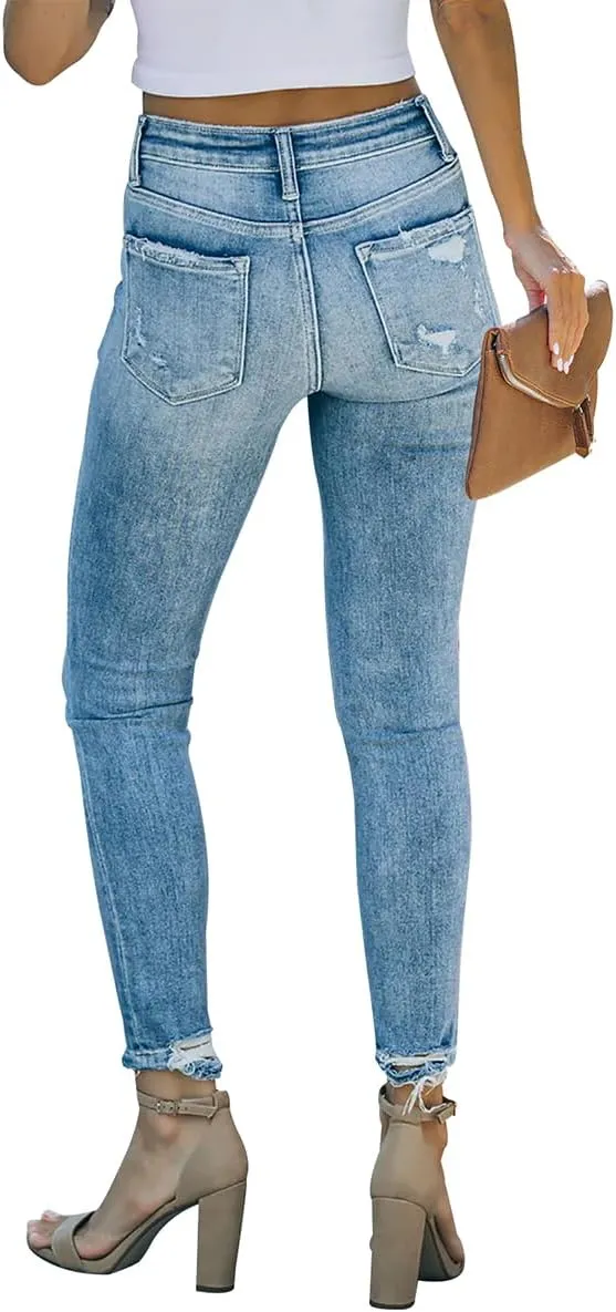 KUNMI Women's Ripped Skinny Slim Fit Jeans Frayed Distressed Stretchy Denim Pants