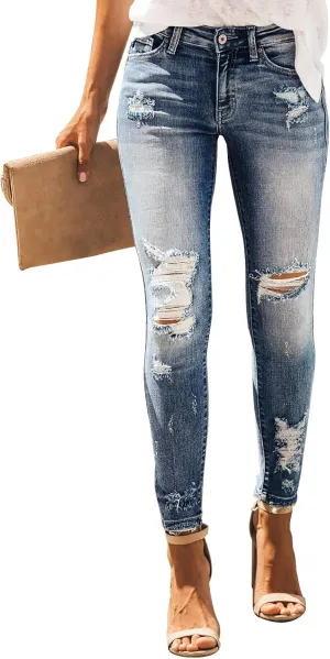 KUNMI Women's Ripped Skinny Slim Fit Jeans Frayed Distressed Stretchy Denim Pants