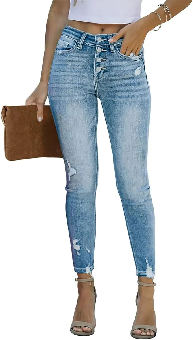 KUNMI Women's Ripped Skinny Slim Fit Jeans Frayed Distressed Stretchy Denim Pants