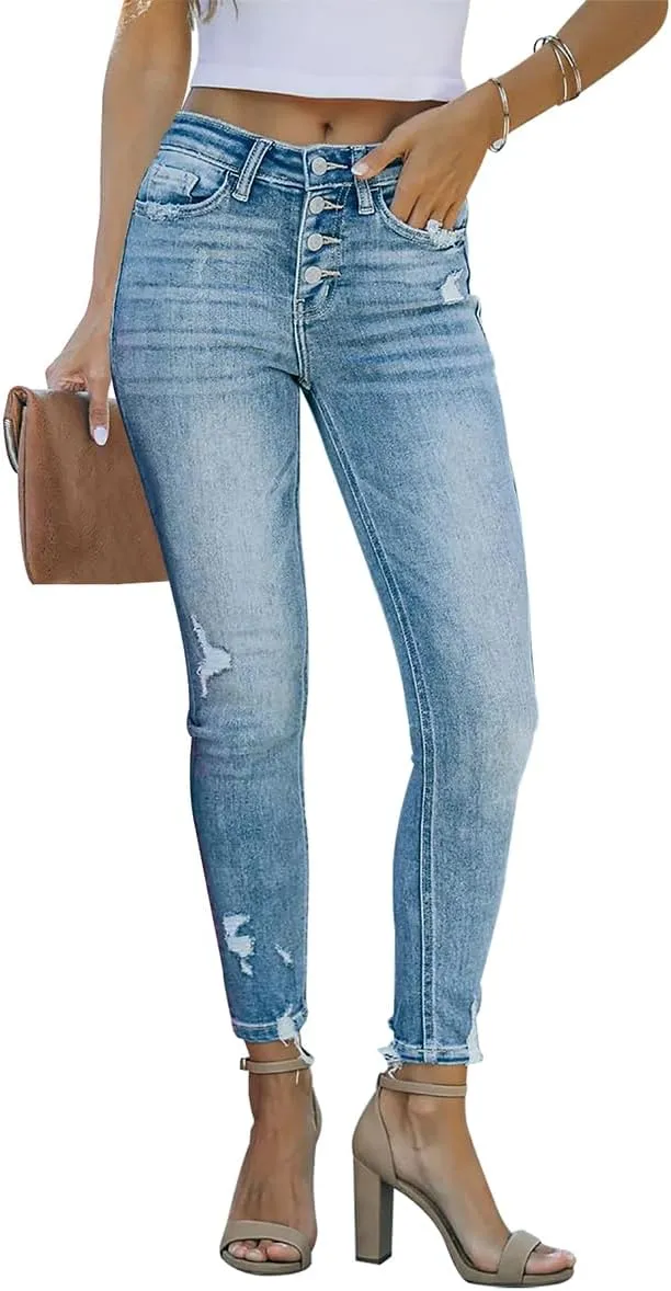 KUNMI Women's Ripped Skinny Slim Fit Jeans Frayed Distressed Stretchy Denim Pants